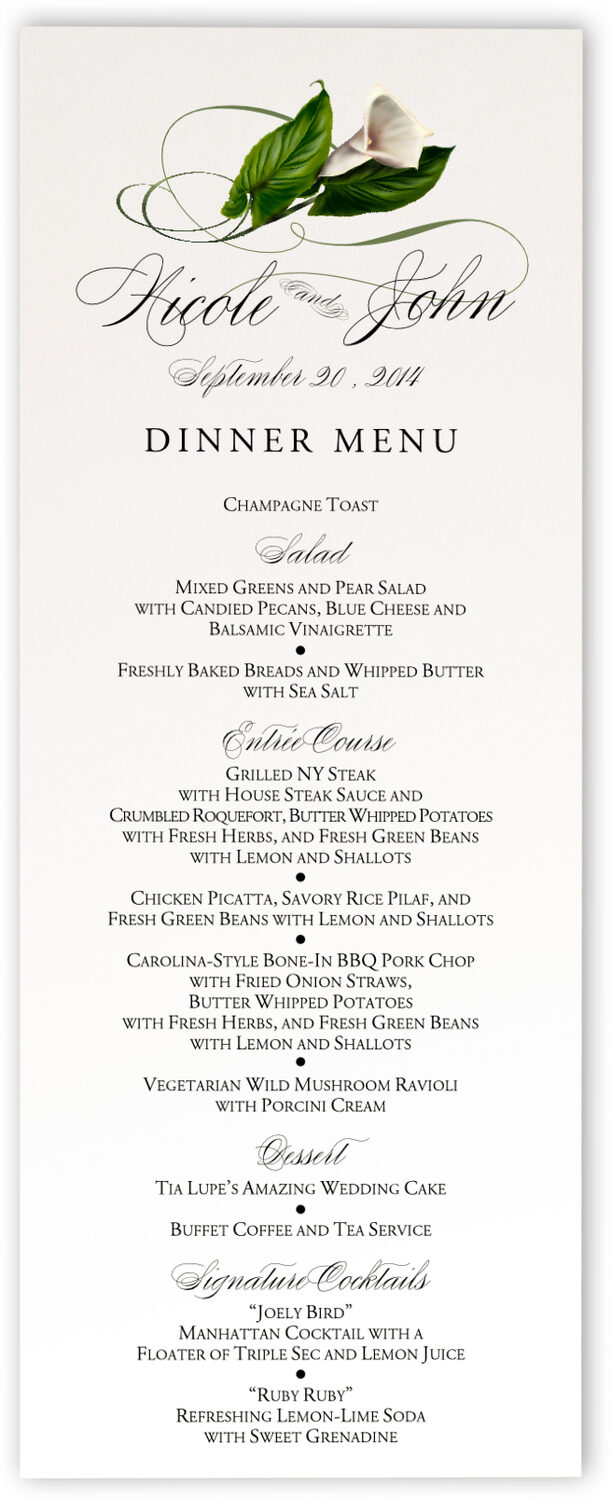 Calla Lily Swirl Wedding Menu Cards Flower Graphics Menu Card